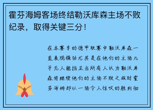 霍芬海姆客场终结勒沃库森主场不败纪录，取得关键三分！