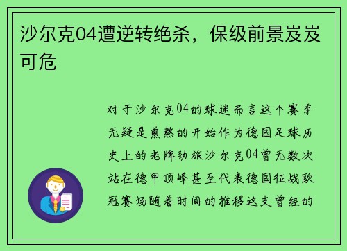 沙尔克04遭逆转绝杀，保级前景岌岌可危