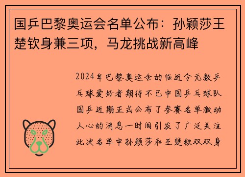 国乒巴黎奥运会名单公布：孙颖莎王楚钦身兼三项，马龙挑战新高峰