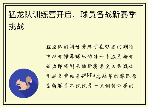 猛龙队训练营开启，球员备战新赛季挑战