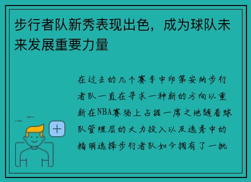 步行者队新秀表现出色，成为球队未来发展重要力量