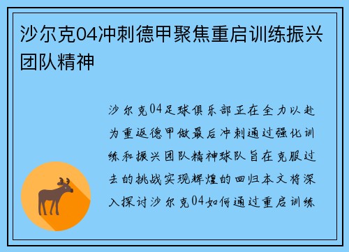 沙尔克04冲刺德甲聚焦重启训练振兴团队精神