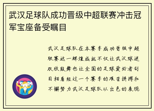 武汉足球队成功晋级中超联赛冲击冠军宝座备受瞩目