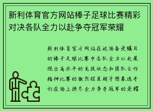 新利体育官方网站棒子足球比赛精彩对决各队全力以赴争夺冠军荣耀