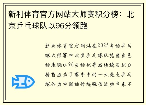 新利体育官方网站大师赛积分榜：北京乒乓球队以96分领跑